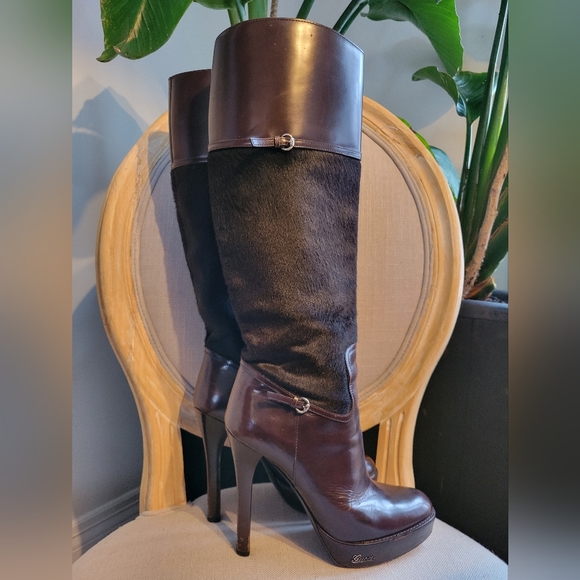 GUCCI pony and leather knee-high heeled boots - Picture 4 of 12
